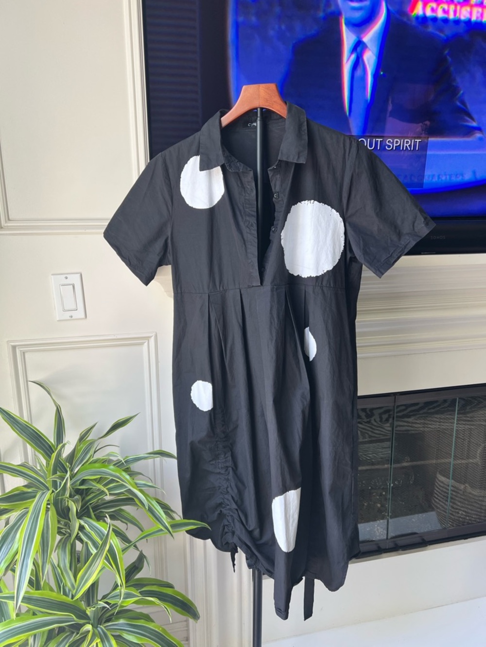 C Yards Black Short Sleeve Dress with White Polka Dots and Pockets!